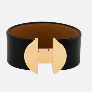 HERMES AUTHENTIC NWT 2002 GOLD PLATED METAL CUFF BRACELET IN BLACK LEATHER